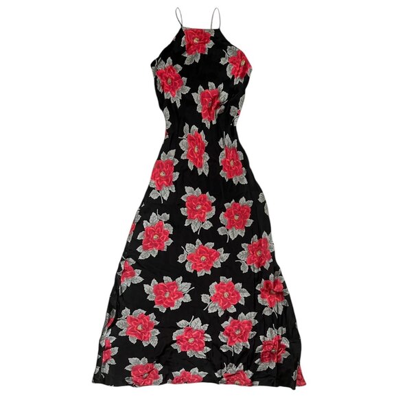 Vintage Floral Maxi Slip Dress Black Red Size 4 Y2K Vampire Romantic‎ Bias Cut - Picture 1 of 6